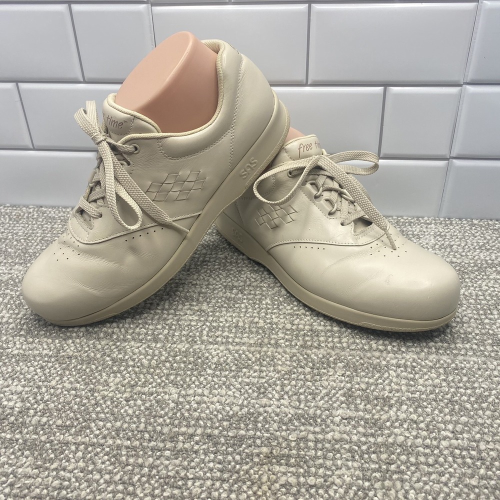 SAS Womens Cream Color Lace Up Comfort Shoes 9 N Free Time Support Nursing Shoes